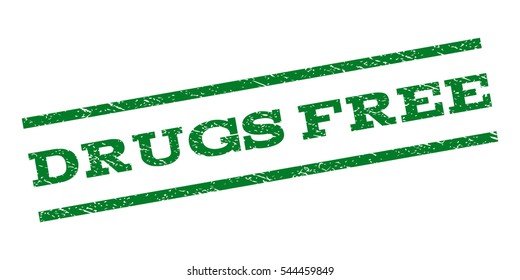 Drugs Free watermark stamp. Text tag between parallel lines with grunge design style. Rubber seal stamp with unclean texture. Vector green color ink imprint on a white background.