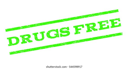 Drugs Free watermark stamp. Text tag between parallel lines with grunge design style. Rubber seal stamp with scratched texture. Vector light green color ink imprint on a white background.