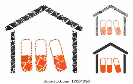 Drugs garage composition of bumpy pieces in different sizes and color tinges, based on drugs garage icon. Vector bumpy parts are combined into collage. Drugs garage icons collage with dotted pattern.