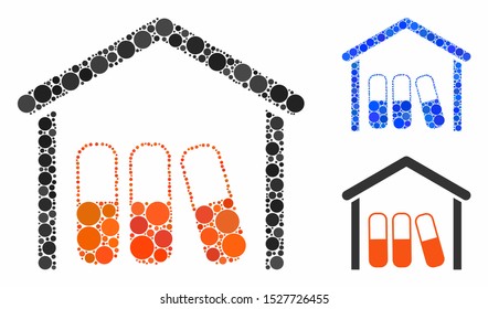 Drugs garage mosaic of round dots in various sizes and shades, based on drugs garage icon. Vector round dots are united into blue mosaic. Dotted drugs garage icon in usual and blue versions.