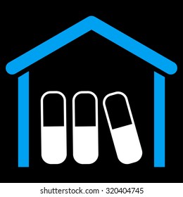 Drugs Garage vector icon. Style is bicolor flat symbol, blue and white colors, rounded angles, black background.