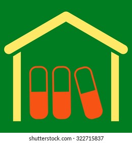 Drugs Garage vector icon. Style is bicolor flat symbol, orange and yellow colors, rounded angles, green background.