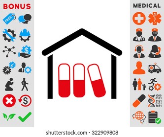 Drugs Garage vector icon. Style is bicolor flat symbol, intensive red and black colors, rounded angles, white background.