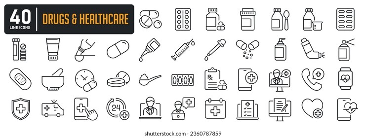 Drugs and healthcare line icons. For website marketing design, logo, app, template, ui, etc. Vector illustration.