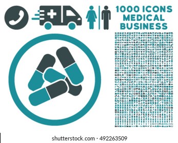 Drugs icon with 1000 medical business soft blue vector pictograms. Design style is flat bicolor symbols, white background.