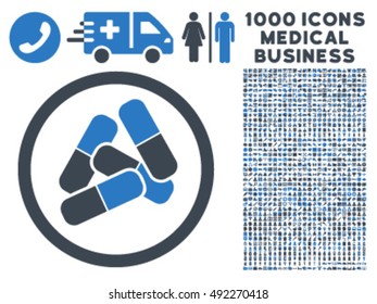 Drugs icon with 1000 medical business smooth blue vector pictographs. Collection style is flat bicolor symbols, white background.