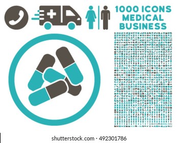 Drugs icon with 1000 medical business grey and cyan vector design elements. Collection style is flat bicolor symbols, white background.