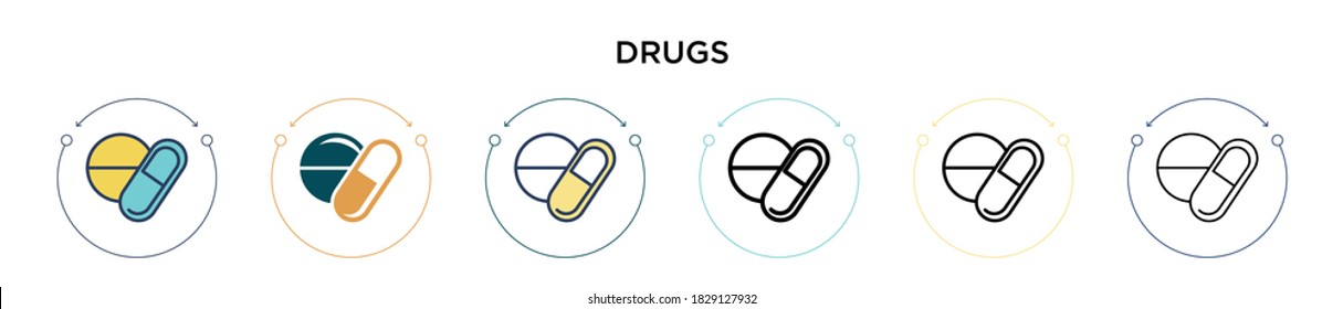 Icono de fármacos en el estilo relleno, delgado, contorno y trazo. Ilustración vectorial de dos iconos vectores de drogas coloreadas y negras se pueden utilizar para móviles, ui, web