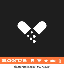 Drugs icon flat. White pictogram on black background. Vector illustration symbol and bonus button tooth, vase, star, mirror, bottle