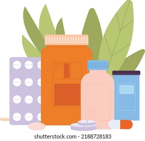 Drugs icon. Pharmacy medicine bottles and packs with green leaves isolated on white background