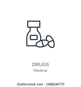 Icono de drogas. Los medicamentos lineales delgados esbozan un icono aislado en el fondo blanco de la recolección médica. Signo vectorial de línea, símbolo para web y móvil