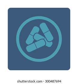 Drugs icon. This flat rounded square button uses cyan and blue colors and isolated on a white background.