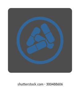 Drugs icon. This flat rounded square button uses cobalt and gray colors and isolated on a white background.