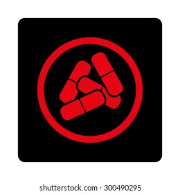Drugs icon. This flat rounded square button uses intensive red and black colors and isolated on a white background.
