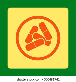 Drugs icon. This flat rounded square button uses orange and yellow colors and isolated on a green background.