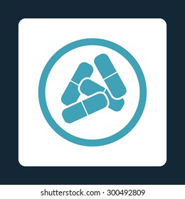 Drugs icon. This flat rounded square button uses blue and white colors and isolated on a dark blue background.