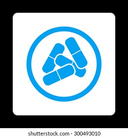 Drugs icon. This flat rounded square button uses blue and white colors and isolated on a black background.