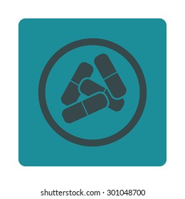 Drugs icon. This flat rounded square button uses soft blue colors and isolated on a white background.