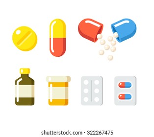 Drugs icons: pills, capsules ans prescription bottles. Medicine vector illustration in modern flat cartoon style.