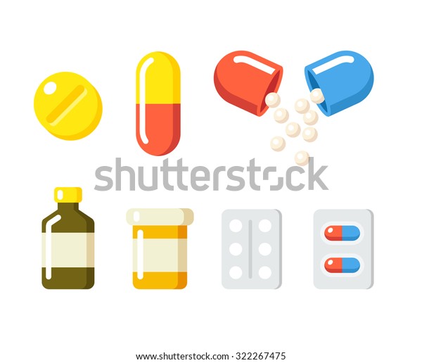 ドラッグのアイコン：薬、カプセル、処方ボトル。現代の平らな漫画スタイルの薬のベクターイラスト。
