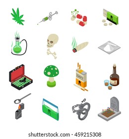  Drugs Icons Set With Drugs Alcohol And Tobacco Symbols Isometric Isolated Vector Illustration 