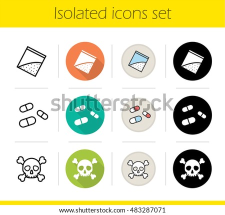 Drugs icons set. Flat design, linear, black and color styles. Skull and crossbones, pills and cocaine packet. Narcotics isolated vector illustrations