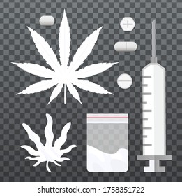 Drogensymbole setzen Vektorgrafik. Unterschiedliche Suchtstoffsammlung