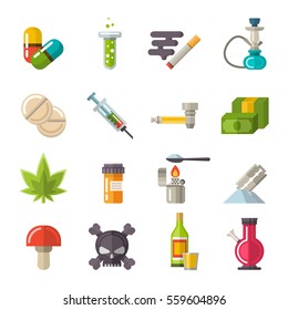 Drugs icons set vector. Different narcotic drug dependence: medical syringe, marijuana, tablets, skull