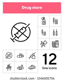 Drugs line icon set. Set of line icons on white background. Medicine concept. Syringe, drug, medical. Vector illustration can be used for topics like hospital, ambulance, pharmacy