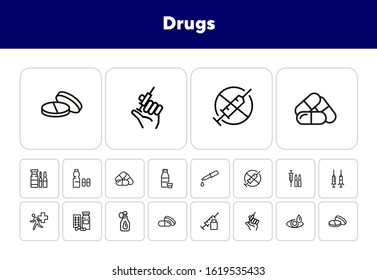 Drugs line icon set. Set of line icons on white background. Medicine concept. Syringe, drug, medical. Vector illustration can be used for topics like hospital, ambulance, pharmacy
