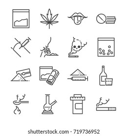 Drugs Line Icon Set. Included The Icons As Junkie, Cocaine, Cannabis, Tablets, Addicted, Illegal And More.