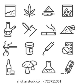 Drugs line icons. Contains such icons as marijuana, cocaine, heroin, LSD extasy