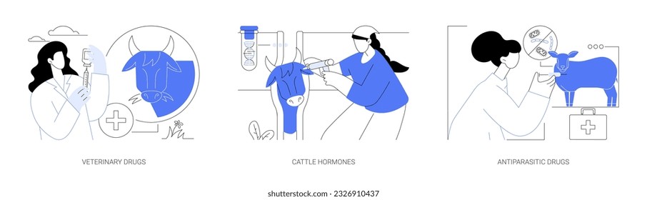 Drugs for livestock abstract concept vector illustration set. Veterinary drugs, cattle hormones and antibiotics injections, antiparasitic animal medicine, livestock health care abstract metaphor.