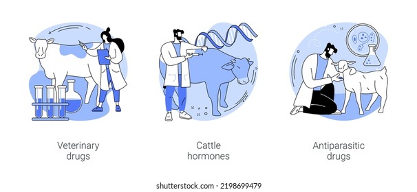 Drugs for livestock isolated cartoon vector illustrations set. Veterinary drugs, farmer giving antibiotics to domestic animal, inject cattle hormones, antiparasitic meds, farming vector cartoon.