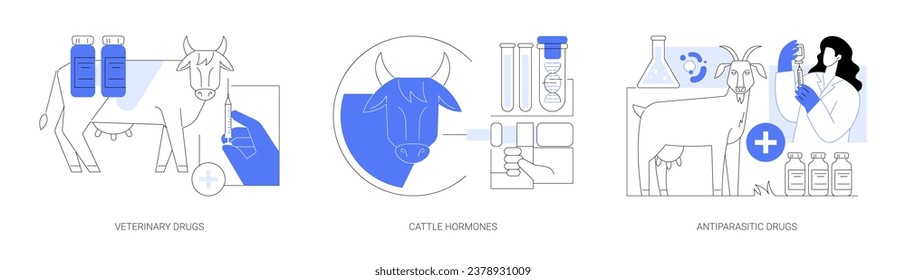 Drugs for livestock isolated cartoon vector illustrations set. Veterinary drugs, farmer giving antibiotics to domestic animal, inject cattle hormones, antiparasitic meds, farming vector cartoon.