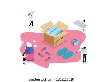 Drugs medical donation flat isometric vector concept: Volunteers donating their food into a donation box on white background