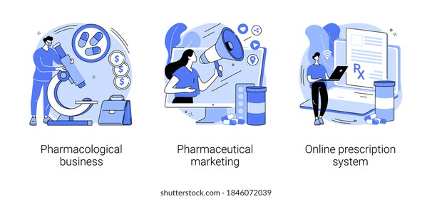 Drugs and medication industry abstract concept vector illustration set. Pharmacological business, pharmaceutical marketing, online prescription system, pharmacy network, drugstore abstract metaphor.