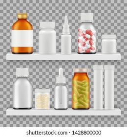 Drugs, Medications Packaging Vector. Realistic Bottles On Shelf Illustration. Medical Bottle And Pharmacy, Health Pill On Shelf