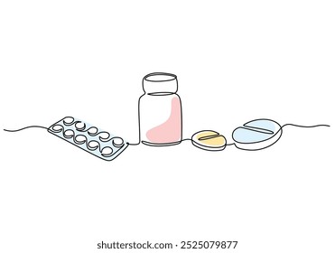 Medicamentos e medicina desenho contínuo de uma linha. Conceito médico e de saúde. Pílulas e comprimidos Ilustração vetorial minimalista esboço desenhado à mão.