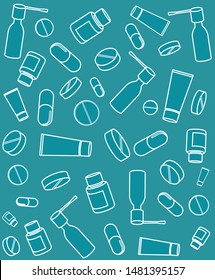 drugs, medicines icon.patern, wrapping paper, box with medicines. flat design use in print. vector image.