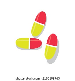 Drugs and medicines on whute background, medicine, tablets in red and yellow. Vector illustration.