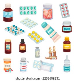 Drugs and Medicines with Pills in Blister Pack and Jars Big Vector Set