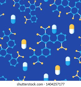 Drugs and Molecular Structure Flat Seamless Pattern. Vector Texture with Vitamin Supplements or Encapsulated Medications, Hexagonal Molecules Substances. Medical Technology and Treatment Illustration