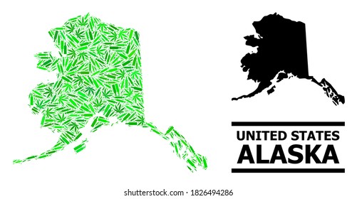 Mosaico de drogas y mapa sólido del estado de Alaska. El mapa vectorial del estado de Alaska está diseñado con dosis dispersas de vacunas, narcóticos y botellas alcohólicas.