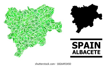 Drogen mosaik und solide Karte der Provinz Albacete. Die Vektorkarte der Provinz Albacete besteht aus zufälligen Injektionsnadeln, Doppel- und Getränkekapseln.