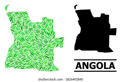 Drogen mosaik und solide Karte von Angola. Die Vektorkarte von Angola besteht aus randomisierten Impfstoffsymbolen, Kräutern und Weinflaschen. Abstrakter geografischer Plan in grünen Farben für Karte von Angola.