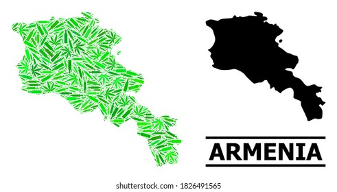 Drugs mosaic and solid map of Armenia. Vector map of Armenia is formed with scattered syringes, herb and alcoholic bottles. Abstract geographic plan in green colors for map of Armenia.