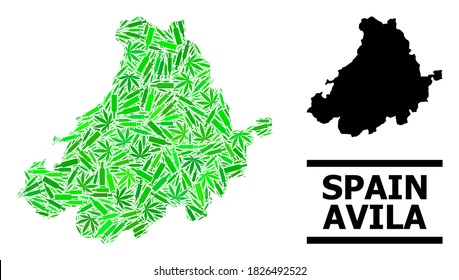 Drugs mosaic and solid map of Avila Province. Vector map of Avila Province is made of random syringes, addict and drink bottles. Abstract territorial scheme in green colors for map of Avila Province.