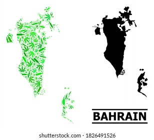 Drogen Mosaik und solide Karte von Bahrain. Die Vektorkarte von Bahrain ist mit zufälligen Impfdosen, Kräuterflaschen und Alkoholflaschen organisiert. Abstraktes geografisches Schema in grünen Farben für die Karte von Bahrain.