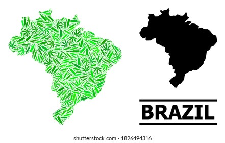 Drugs mosaic and solid map of Brazil. Vector map of Brazil is constructed with randomized vaccine symbols, weed and wine bottles. Abstract geographic scheme in green colors for map of Brazil.